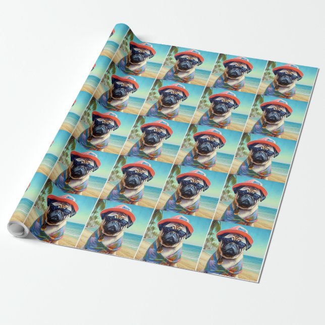 Pug on Beach, summer gift for dog lover  Wrapping Paper (Unrolled)