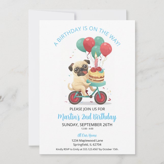 Pug on Bike with Cake 2nd Birthday Party Invitation (Front)