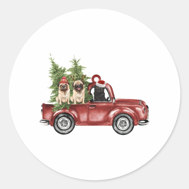 Pug On Car Christmas Ornament Funny Christmas Tree Classic Round Sticker (Front)