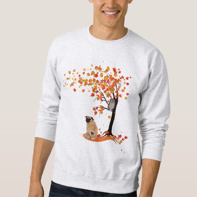 Pug Owl And Fall Tree Pug Owner Funny Pug Autumn Sweatshirt (Front)