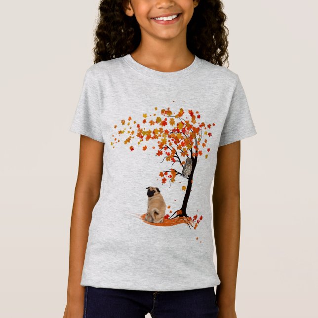 Pug Owl And Fall Tree Pug Owner Funny Pug Autumn T-Shirt (Front)