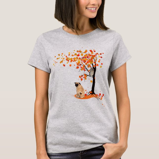Pug Owl And Fall Tree Pug Owner Funny Pug Autumn T-Shirt (Front)