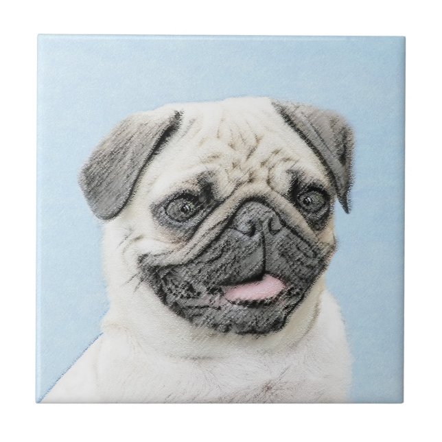 Pug Painting - Cute Original Dog Art Ceramic Tile (Front)