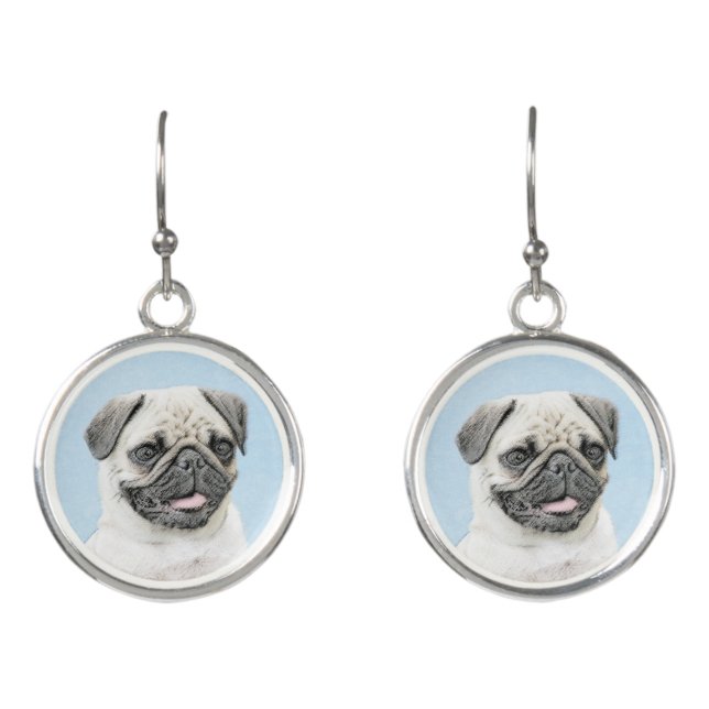 Pug Painting - Cute Original Dog Art Earrings (Front)