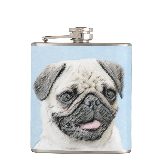 Pug Painting - Cute Original Dog Art Flask (Front)