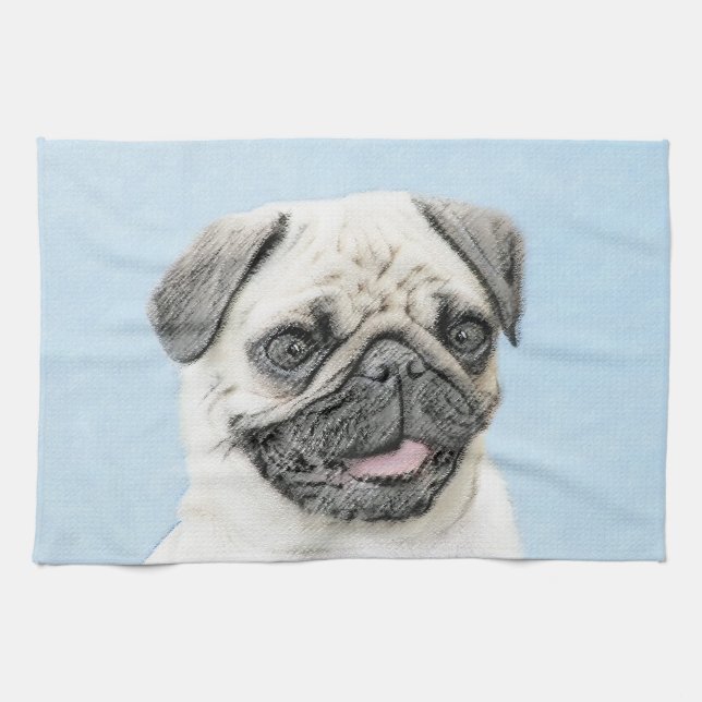 Pug Painting - Cute Original Dog Art Kitchen Towel (Horizontal)