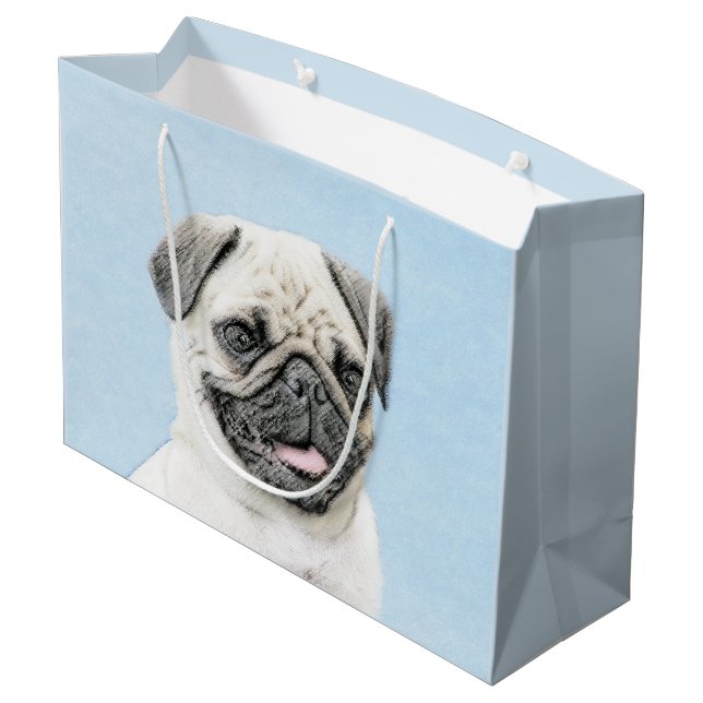 Pug Painting - Cute Original Dog Art Large Gift Bag (Back Angled)