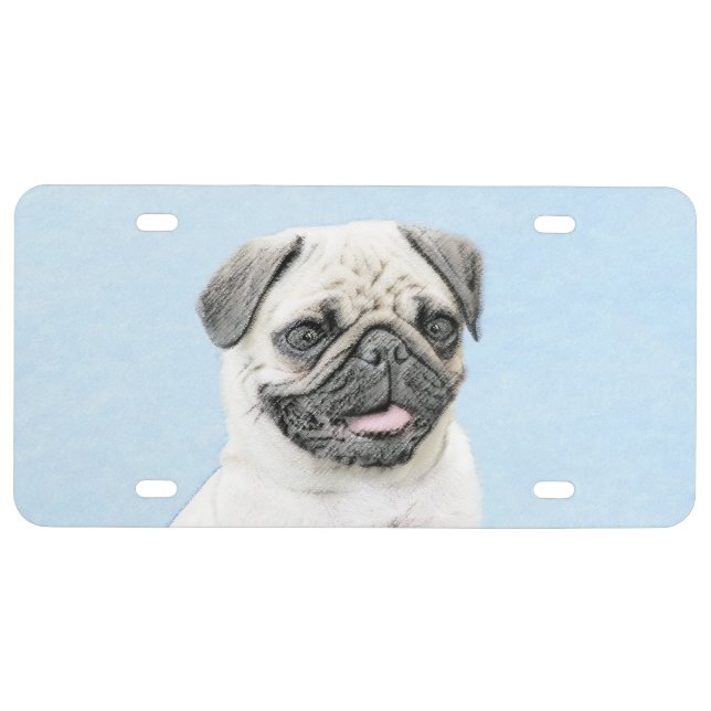 Pug Painting - Cute Original Dog Art License Plate (Front)
