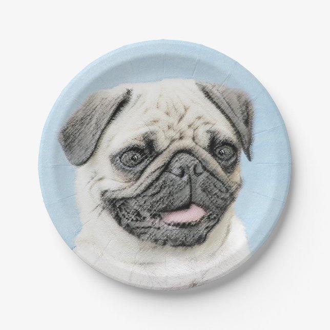 Pug Painting - Cute Original Dog Art Paper Plates (Front)