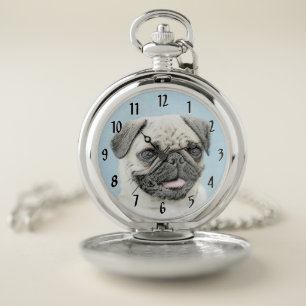 Pug Painting - Cute Original Dog Art Pocket Watch