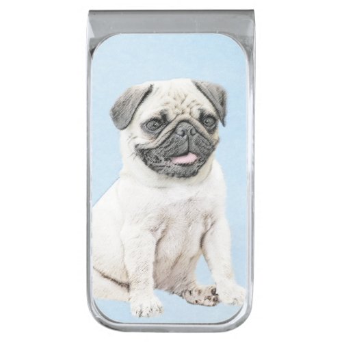 Pug Painting _ Cute Original Dog Art Silver Finish Money Clip