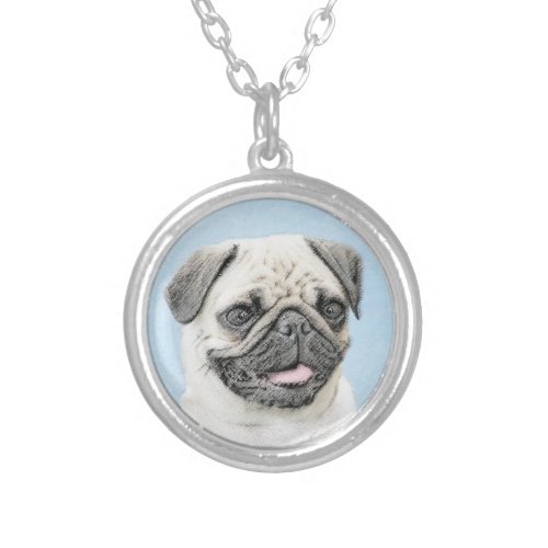 Pug Painting _ Cute Original Dog Art Silver Plated Necklace