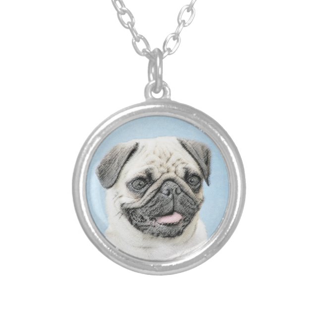 Pug Painting - Cute Original Dog Art Silver Plated Necklace (Front)