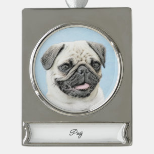 Pug Painting - Cute Original Dog Art Silver Plated Silver Plated Banner Ornament