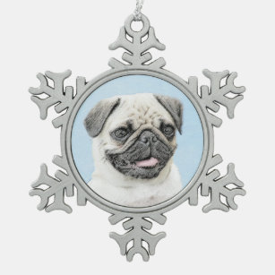 Pug Painting - Cute Original Dog Art Snowflake Pewter Christmas Ornament