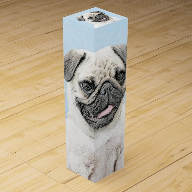 Pug Painting - Cute Original Dog Art Wine Box (Front)
