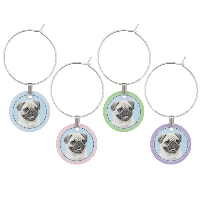 Pug Painting - Cute Original Dog Art Wine Charm (Staggered)
