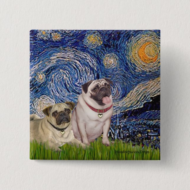 Pug Pair (fawn) - Starry Night Pinback Button (Front)