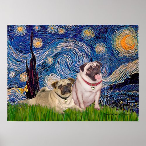 Pug Pair fawn _ Starry Night Poster