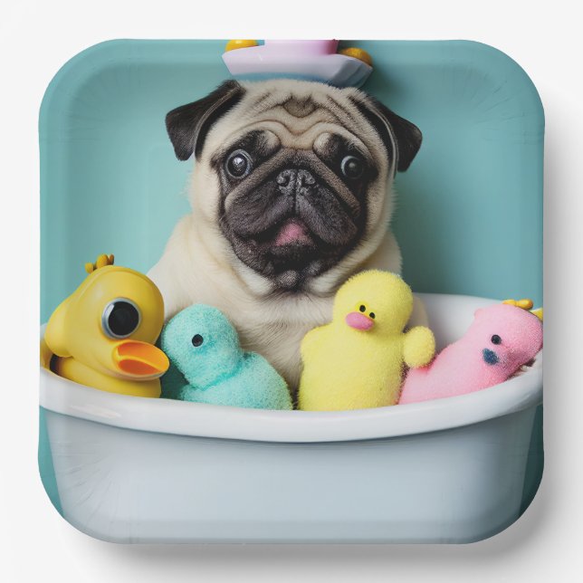 Pug Paradise: A Bathing Beauty in the Tub Paper Plates (Front)