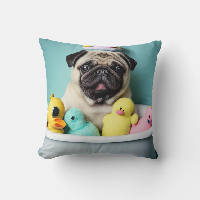 Pug Paradise: A Bathing Beauty in the Tub  Throw Pillow (Front)