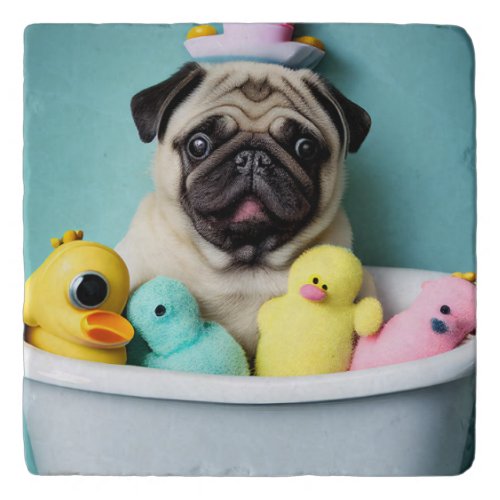 Pug Paradise A Bathing Beauty in the Tub Trivet