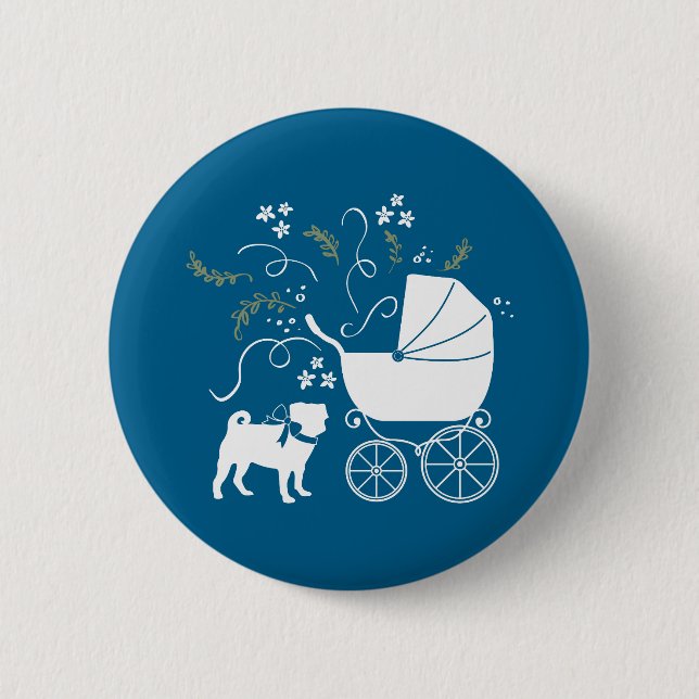 Pug Party Blue Theme Celebration Button (Front)