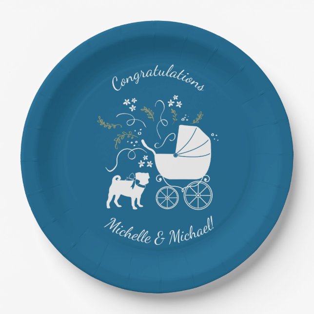 Pug Party Blue Theme Celebration Paper Plates (Front)