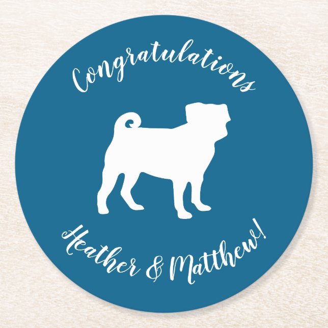 Pug Party Blue Theme Celebration Round Paper Coaster (Front)