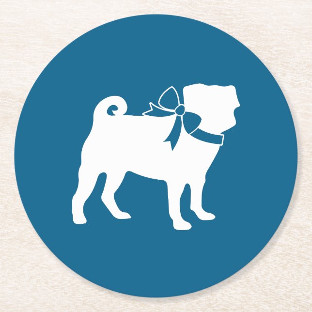 Pug Party Blue Theme Celebration Round Paper Coaster (Front)