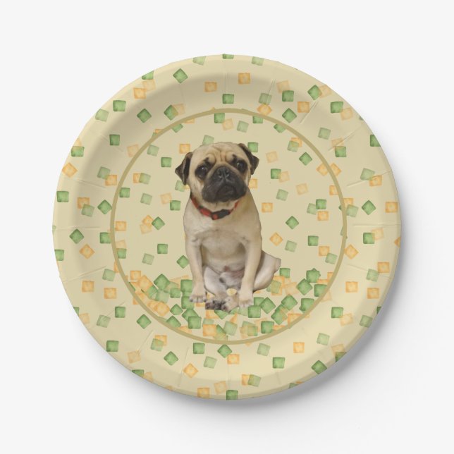 Pug Party in Hand Painted Earth Tones Paper Plates (Front)