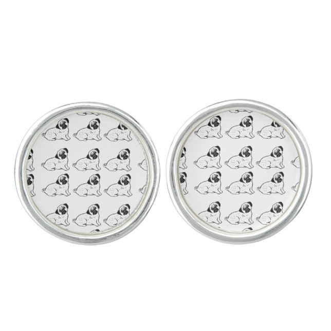 Pug Pattern Round Cufflinks, Silver Plated Cufflinks (Front)