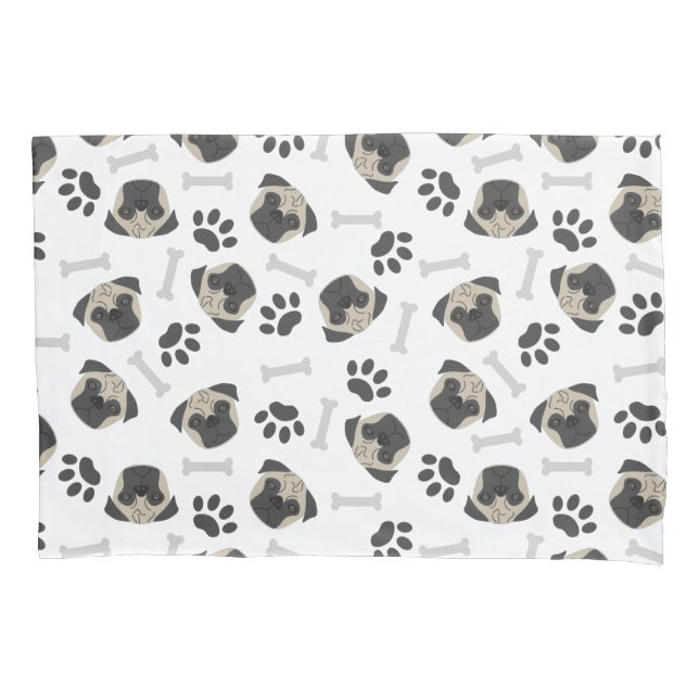 Pug, paw and bones pattern pillow case (Front)