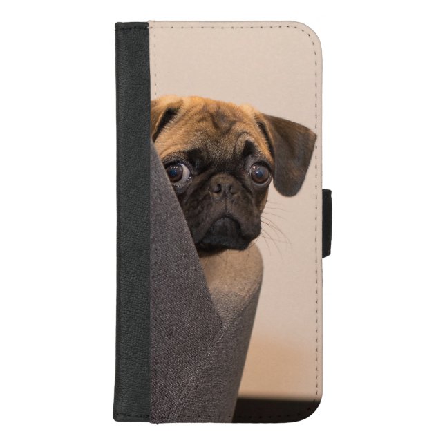 Pug peering around chair iPhone wallet case (Front)