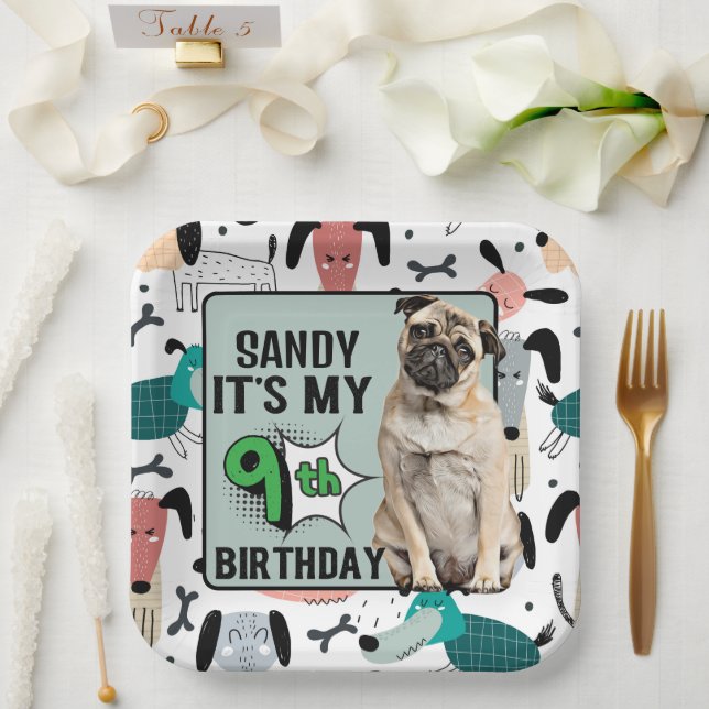 Pug Personalized 9th birthday party  Paper Plates (Wedding)