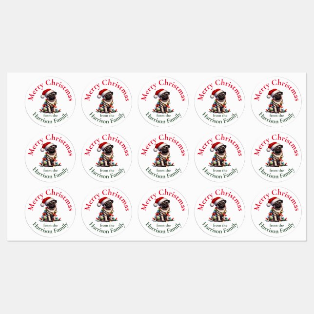 Pug Personalized Retro Vintage Christmas Wishes Labels (Sheet)