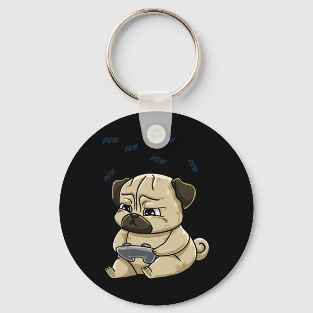 Pug Pew Gamepad Cute Hob  Keychain (Front)