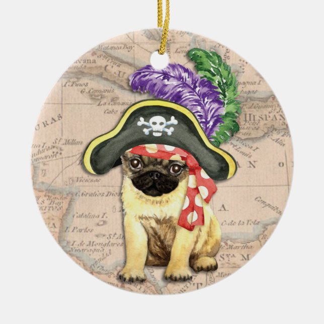 Pug Pirate Ceramic Ornament (Front)
