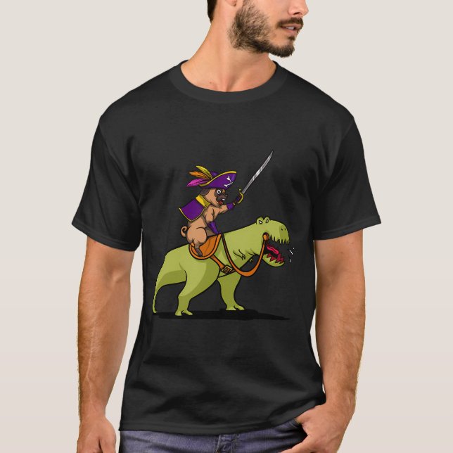 Pug Pirate Riding T-Rex Dinosaur T-Shirt (Front)