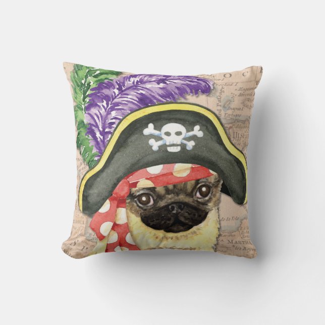 Pug Pirate Throw Pillow (Front)
