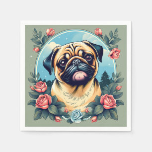Pug Playful Dog Portrait With Flowers Napkins