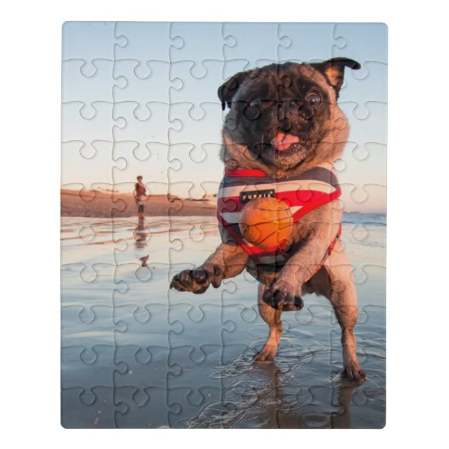 Pug Playing Ball on Beach Jigsaw Puzzle (Puzzle Vertical)