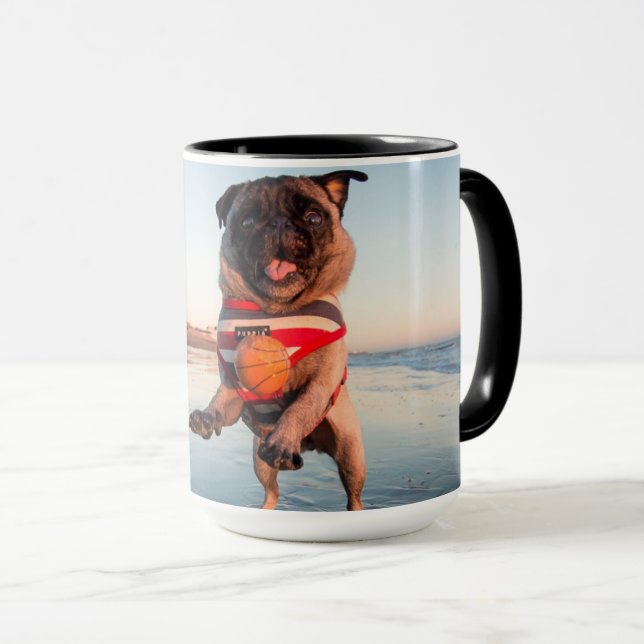 Pug Playing Ball on Beach Mug (Front Right)