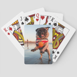 Pug Playing Ball on Beach Poker Cards