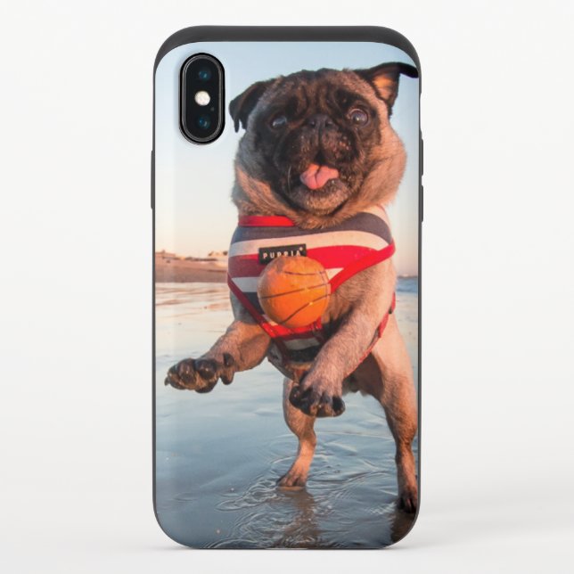 Pug Playing Ball on Beach Uncommon iPhone Case (Back)
