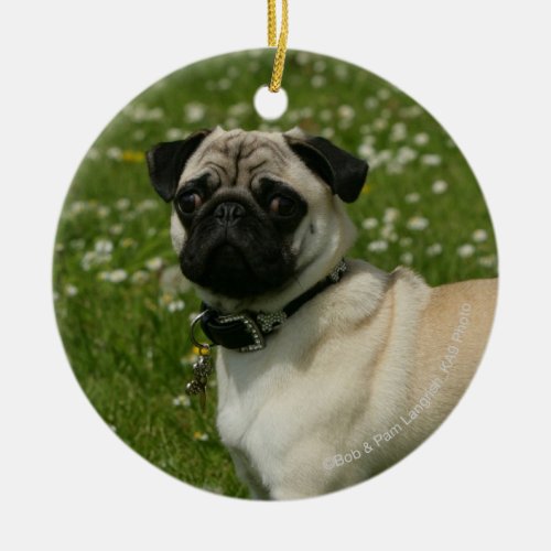 Pug Playing in Flowers Ceramic Ornament