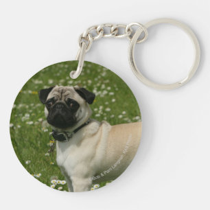 Pug Playing in Flowers Keychain