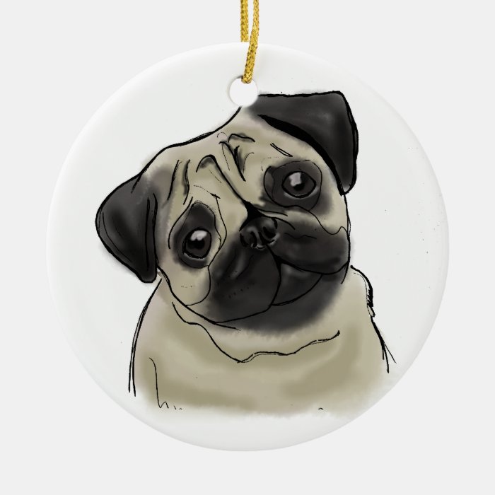 Pug Portrait Drawing Christmas Tree Ornaments