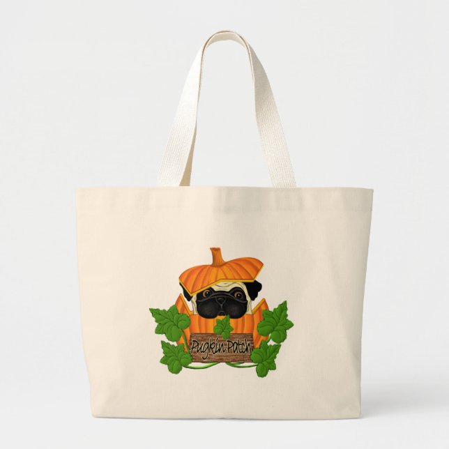 Pug Pumpkin Patch Large Tote Bag (Front)