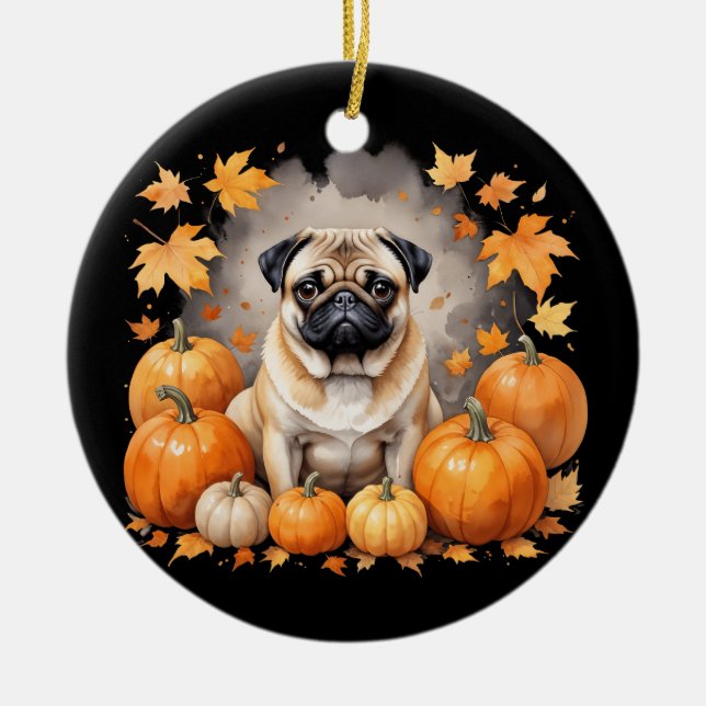 Pug Pumpkin Thanksgiving Fall Halloween Dog Lover Ceramic Ornament (Front)